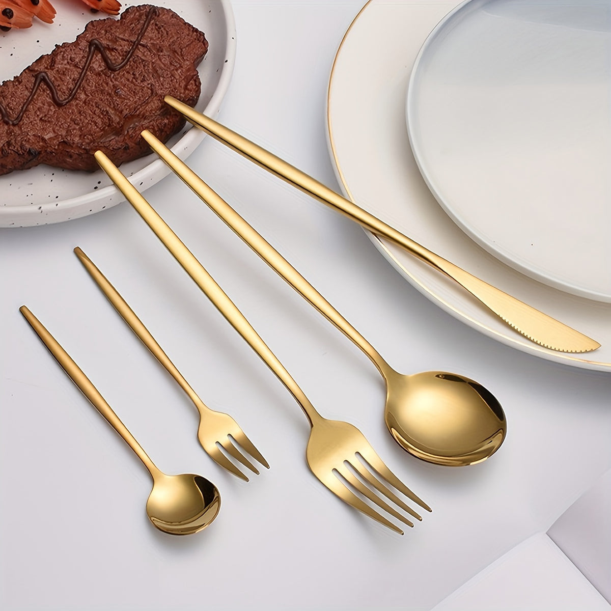 Elegant Golden Stainless Steel Cutlery Set 5-Piece – Knife, Fork, Soup Spoon & Dessert Spoon, Dishwasher Safe, for Home, Restaurant, Wedding & Celebrations