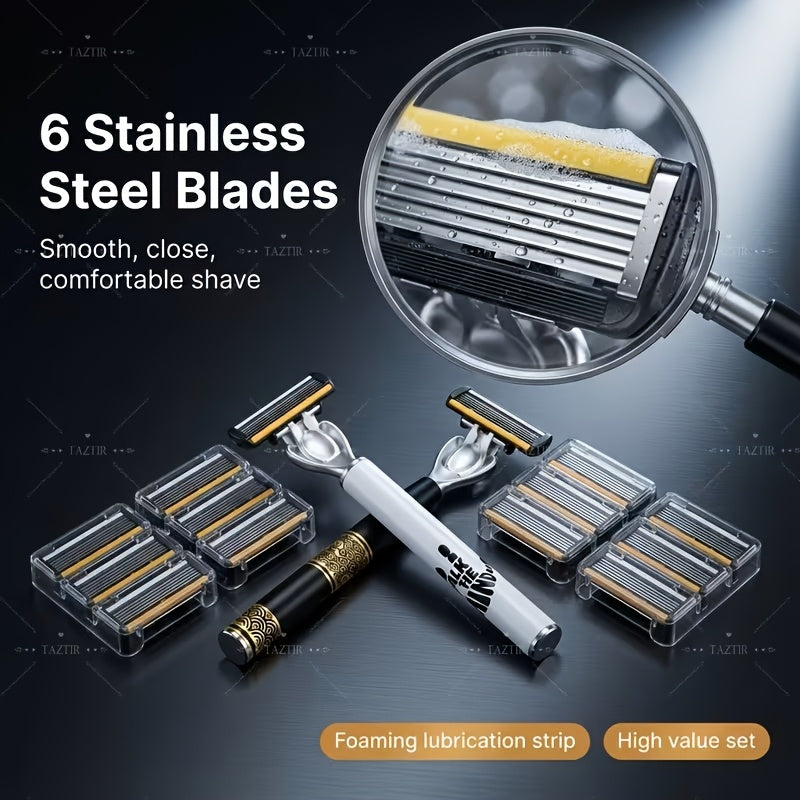 Men's Razor Shaving Kit 2 Handles 72 Blade Refills - Six-Layer Stainless Steel Safety Razor Set for Beard Mustache Grooming, Christmas Valentine Gift for Him