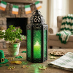 Moroccan Candle Lantern Holder Medium 10.5 Inch – Handcrafted Glass Iron Metal Lantern with Embossed Floral Panels, 17 Colors, Indoor Outdoor Use for Ramadan, Wedding, Patio, Diwali & Home Decor