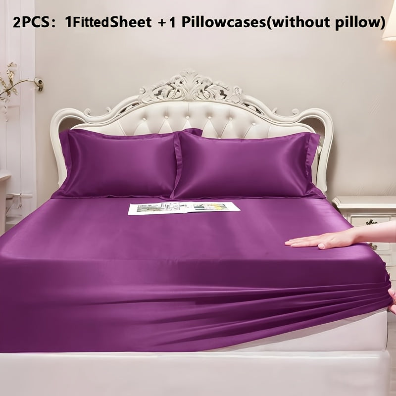 Luxury Satin Fitted Sheet Set with Pillowcases, 3000TC Silky Smooth Cooling Breathable Bed Sheets, Wrinkle-Resistant Machine Washable, Twin Full Queen King for Hot Sleepers, Adults & Kids — White Black Burgundy Gray Blue Purple