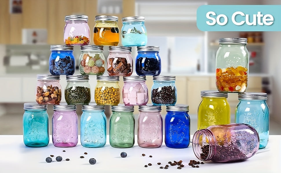 Colored Mason Jars 8oz with Metal Lids 12 Pack Regular Mouth Canning Jars for Jam Honey Pickling Food Storage - DIY Spice Jars for Wedding Favors Baby Shower Gifts Jelly