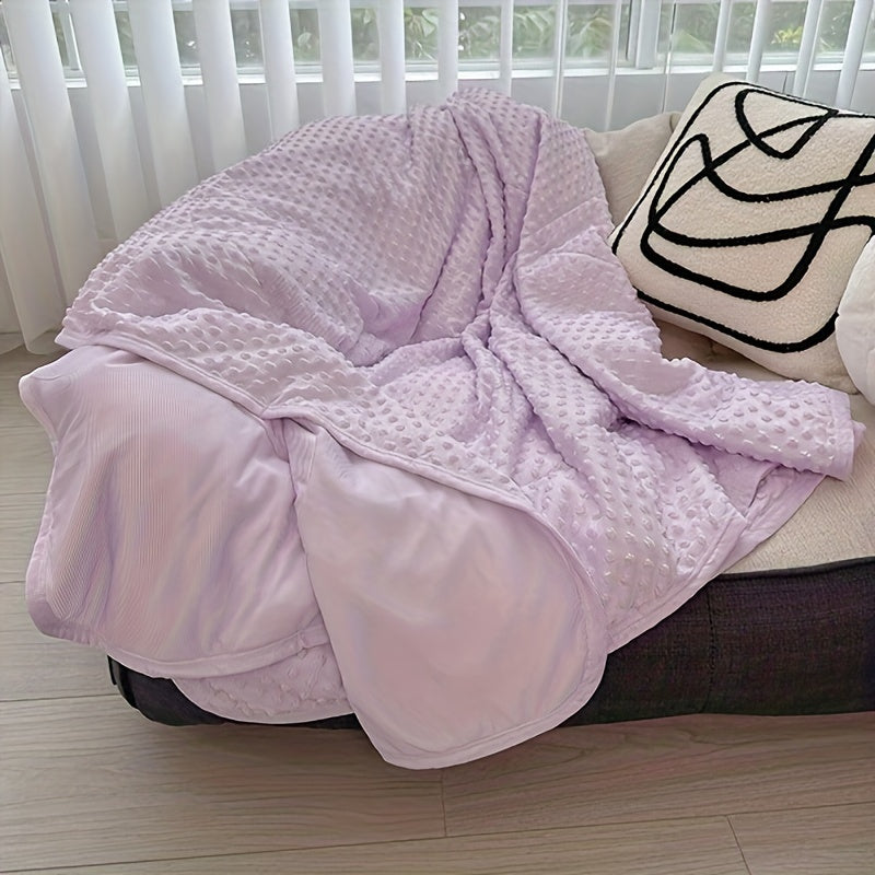 Cooling Throw Blanket & Shawl, 100% Polyester Breathable Lightweight Summer Blanket with Soundwave Embossed Striped Design & Ball Accents, Machine Washable Wrinkle-Resistant, 3 Sizes in Purple Pink White Blue Gray Green