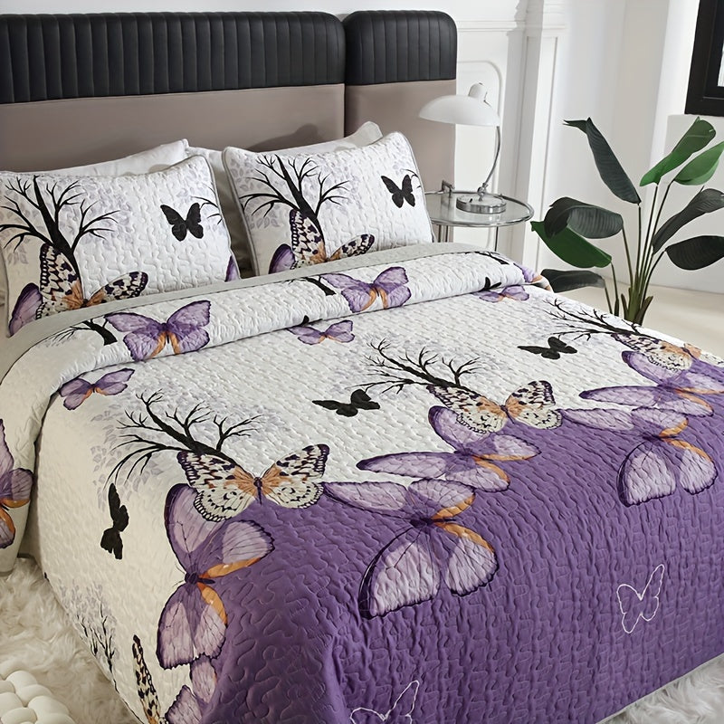 Butterfly Floral Quilted Bedspread Set 3 Piece – Embellished Polyester Coverlet with Floral Butterfly Pattern, Machine Washable All-Season Bedding, Polyester Fill, Queen & King Size, Purple