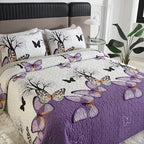 Butterfly Floral Quilted Bedspread Set 3 Piece – Embellished Polyester Coverlet with Floral Butterfly Pattern, Machine Washable All-Season Bedding, Polyester Fill, Queen & King Size, Purple