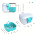 Denture Bath Case with Drainage Basket - Leak Proof Portable Travel Denture Soaking Cup Storage Container Silicone Ring Safety Buckle