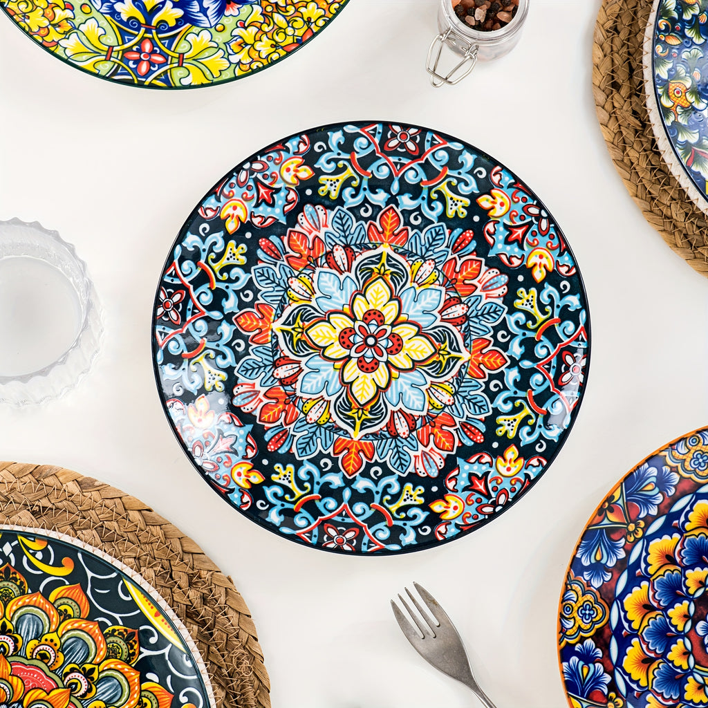 Bohemian Ceramic Salad Plates Set of 6 – 8.5 Inch Colorful Dessert Plate Set, Microwave Oven & Dishwasher Safe, Boho Style Kitchen Dishes