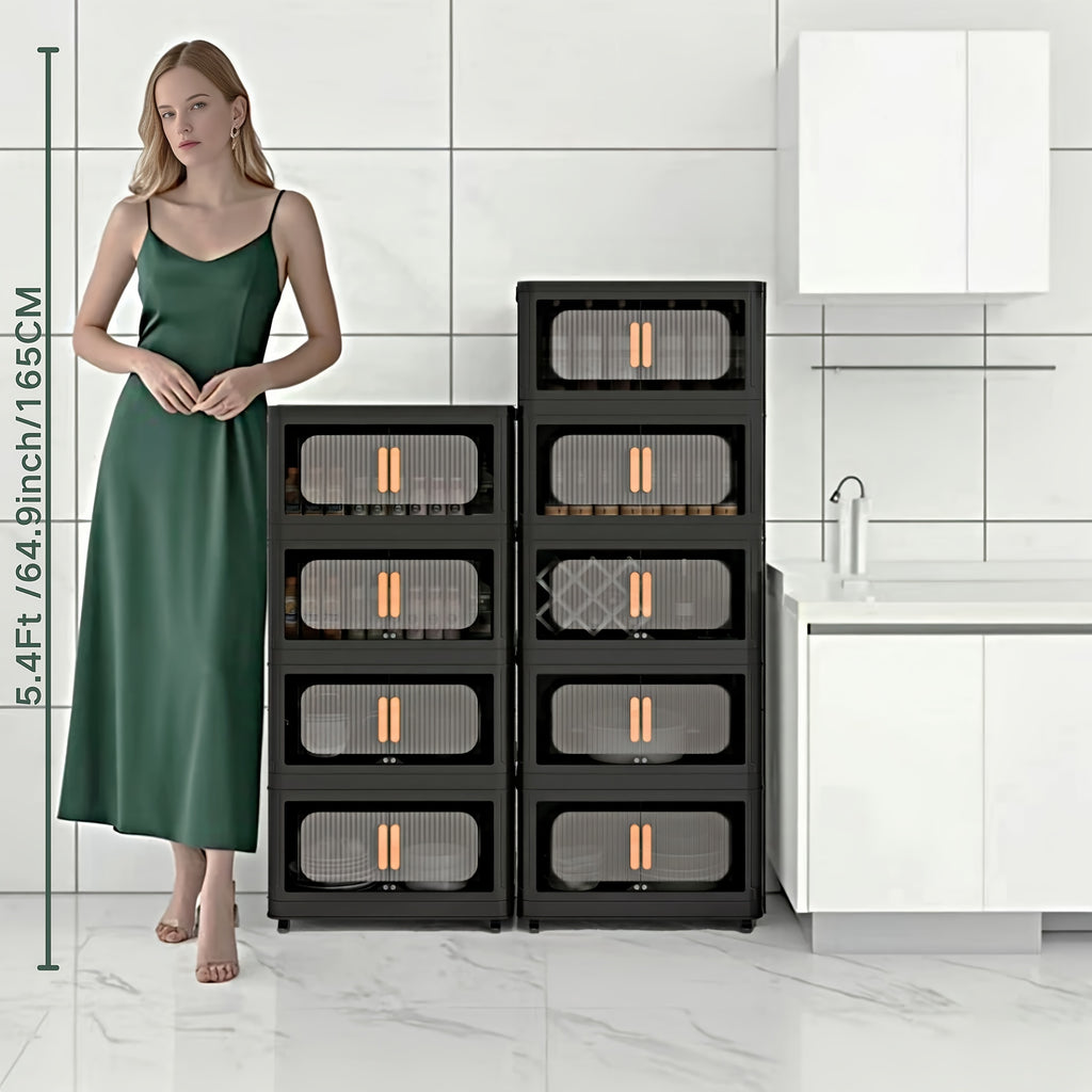 Collapsible Storage Locker with Locking Wheels – 4/5 Tier Double Door Plastic Bin Organizer, Stackable Space-Saving Storage Cabinet for Closet, Dorm, Office, Garage, Bedroom & Gym
