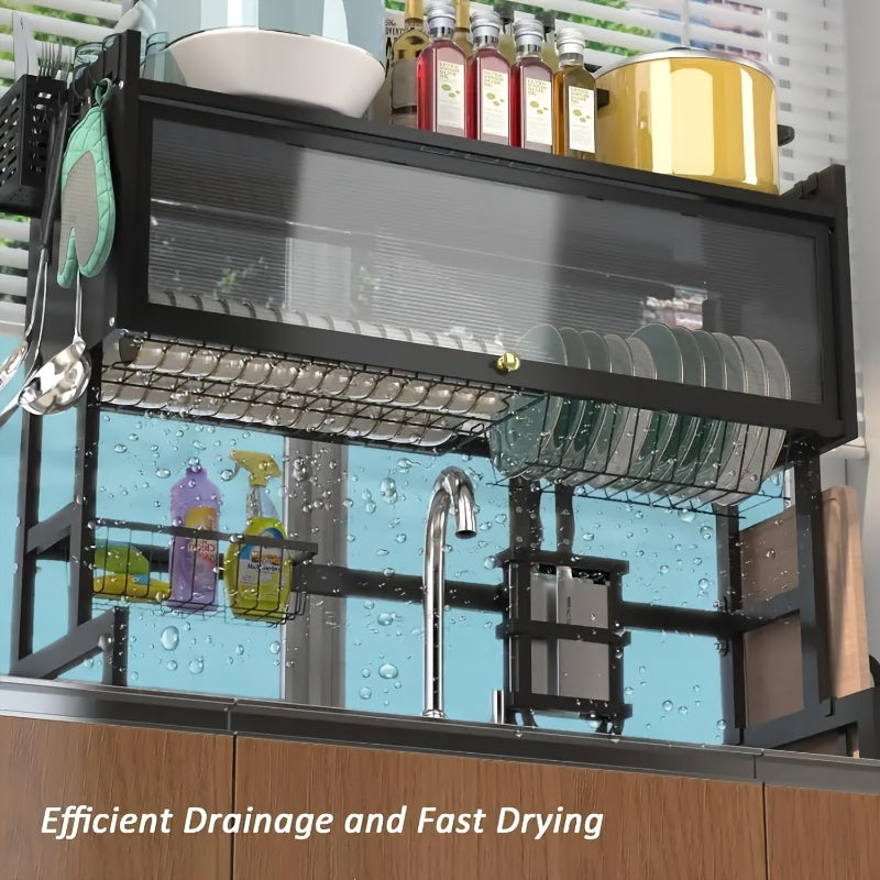 Multi-Tier Dish Rack with Dust-Proof Cover – Black Kitchen Countertop Drying Rack for Dishes, Drain Rack for Kitchen Sink, Space-Saving Utensil Storage Organizer for Household Kitchen