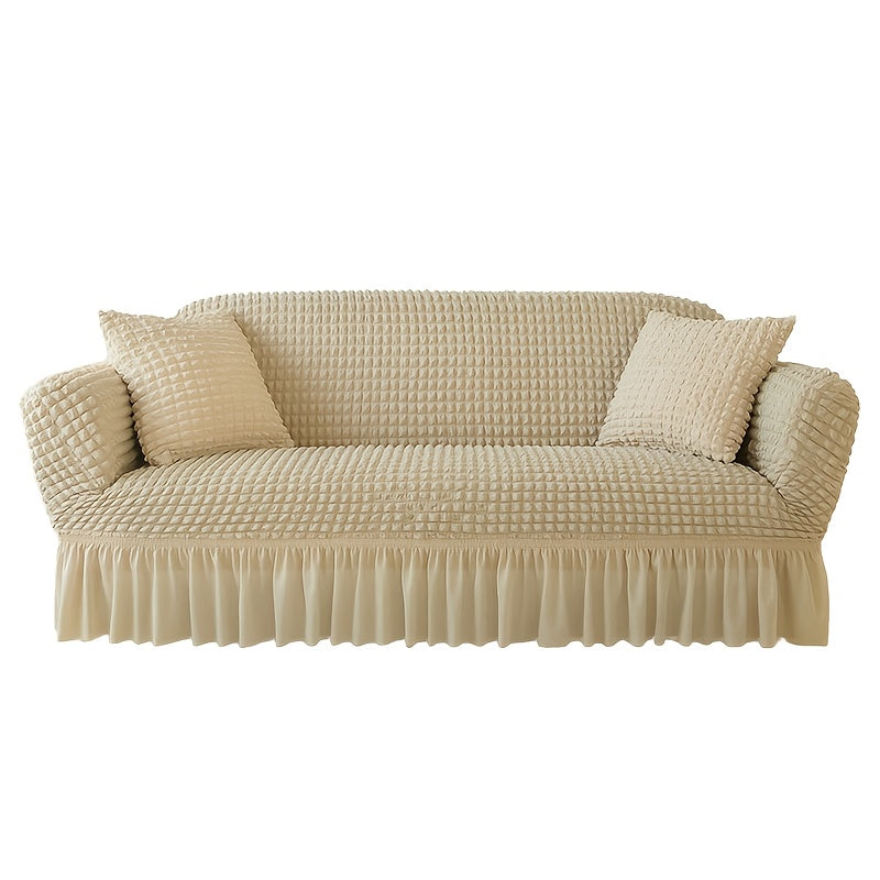 Seersucker Sofa Cover All-In-One Stretch Slipcover – Elastic Band Polyester Spandex Machine Washable Couch Protector for Armchair Loveseat 1 2 3 4 Seater Solid Color
