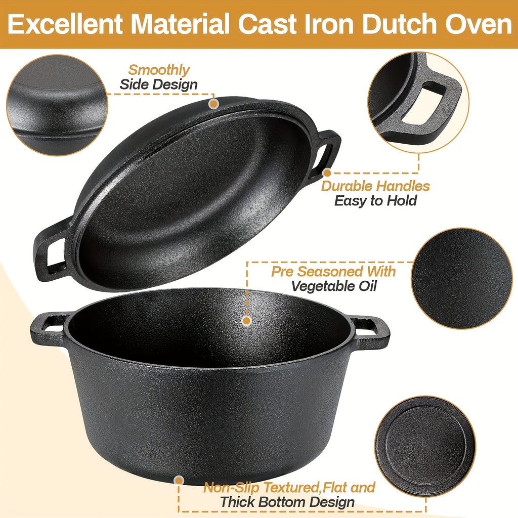 Cast Iron Dutch Oven Set 2-in-1 5.1QT Dutch Oven and 1.9QT Skillet Lid with Accessories Induction Oven Campfire Safe Holiday Cooking Kit for Soups Stews Baking Frying Camping BBQ