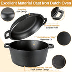 Cast Iron Dutch Oven Set 2-in-1 5.1QT Dutch Oven and 1.9QT Skillet Lid with Accessories Induction Oven Campfire Safe Holiday Cooking Kit for Soups Stews Baking Frying Camping BBQ