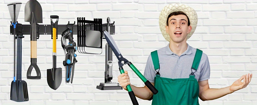 Wall Mount Garage Tool Organizer 48", Heavy Duty Steel Storage Rack with Swivel Lock Hooks, 420lbs Capacity, Holds Brooms, Shovels, Hoses & Garden Tools, Adjustable Pegboard Wall System for Garage & Shed
