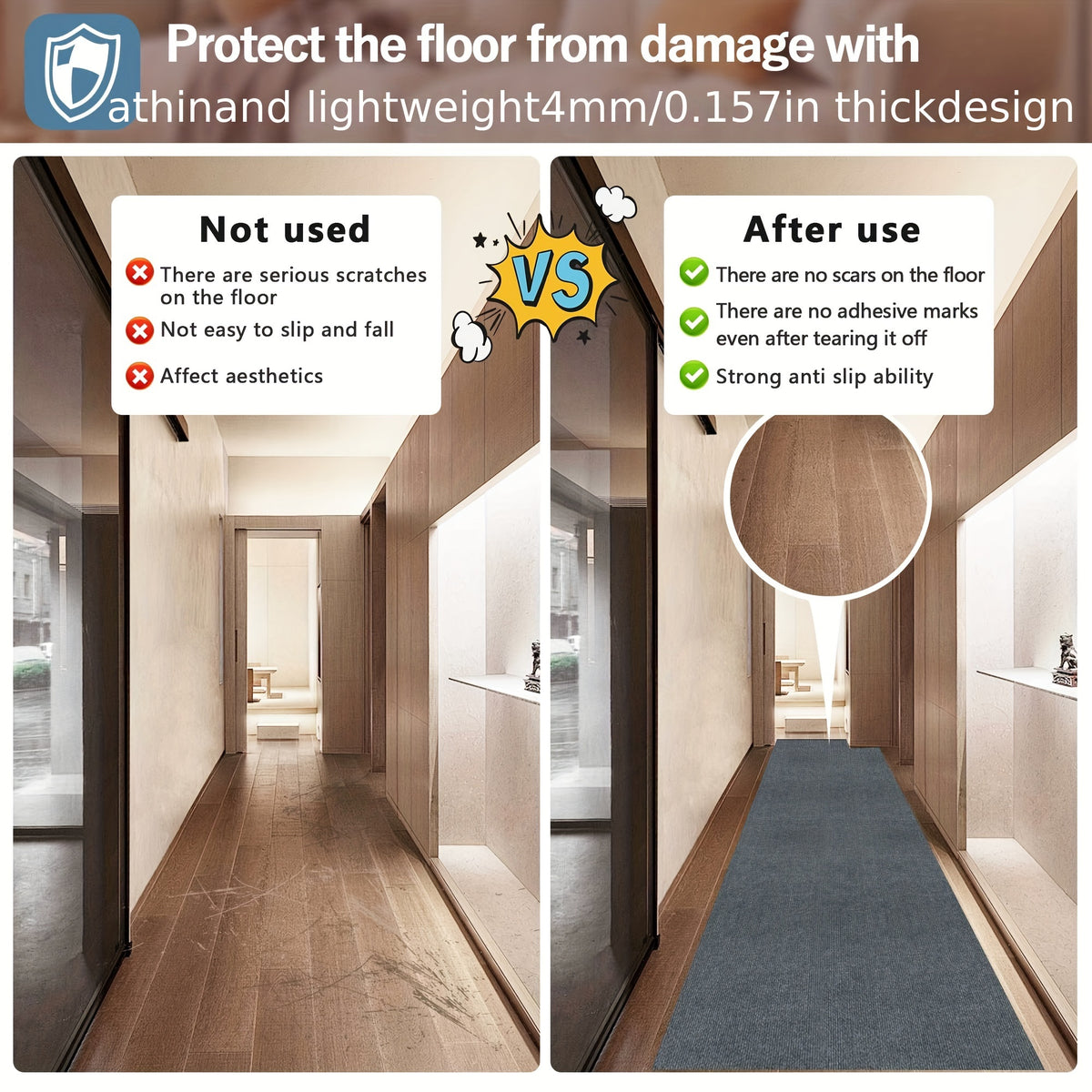 Non-Slip Hallway Runner Rug Self-Adhesive TPR Backing Ultra-Thin 0.4mm 5 Colors 6 Sizes for Kitchen Bedroom Living Room Entryway Hardwood Floors