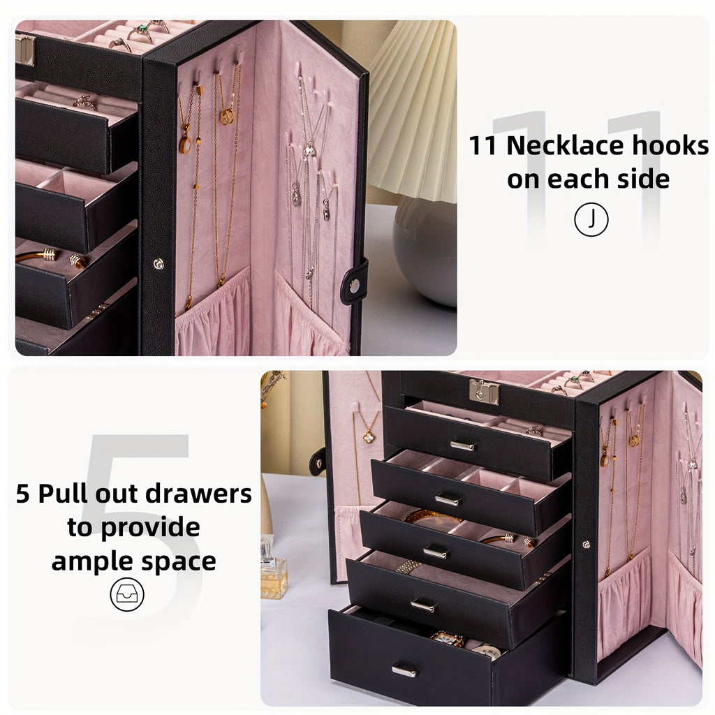 Jewelry Box with Lock & Mirror, Large 6-Tier Jewelry Case with 5 Drawers, Lockable Jewelry Storage Organizer for Women, Girls & Loved Ones — Jewelry Armoire Gift