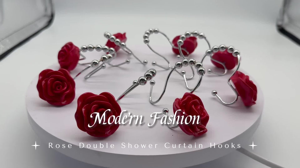 Rose Decorative Shower Curtain Hooks 12pcs – Stainless Steel Acrylic Rhinestones Double Hook for Dual Curtains | Elegant Bathroom Decor & Mother's Day Gift