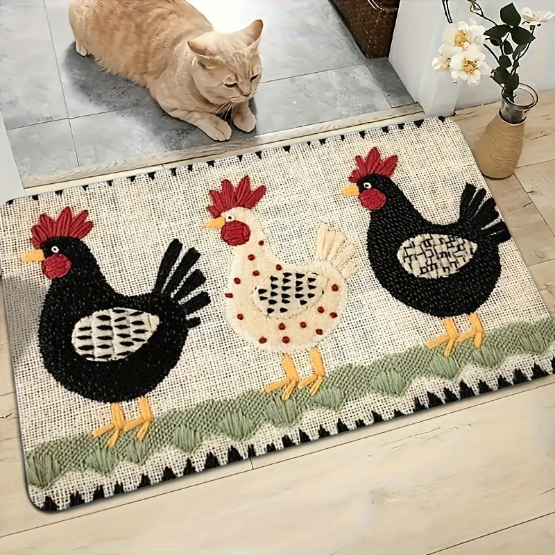Welcome Door Mat - Embroidered Rooster Design Non-Woven Indoor Outdoor Floor Mat for Entrance Bathroom Kitchen Porch and Study