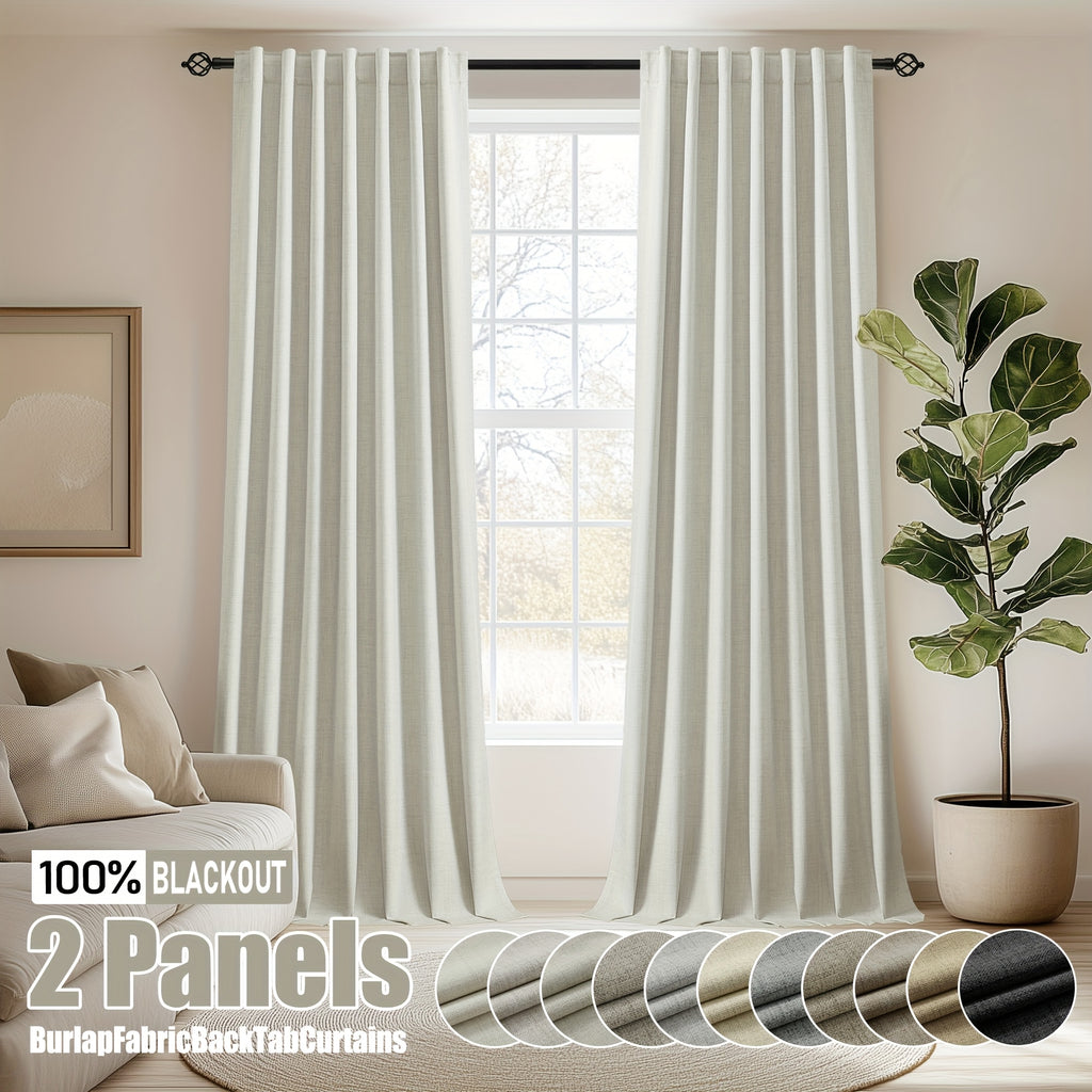 Faux Linen Blackout Curtains 2 Panels for Bedroom & Living Room – 100% Blackout, Back Tab & Rod Pocket, Thermal Insulated Farmhouse Drapes
