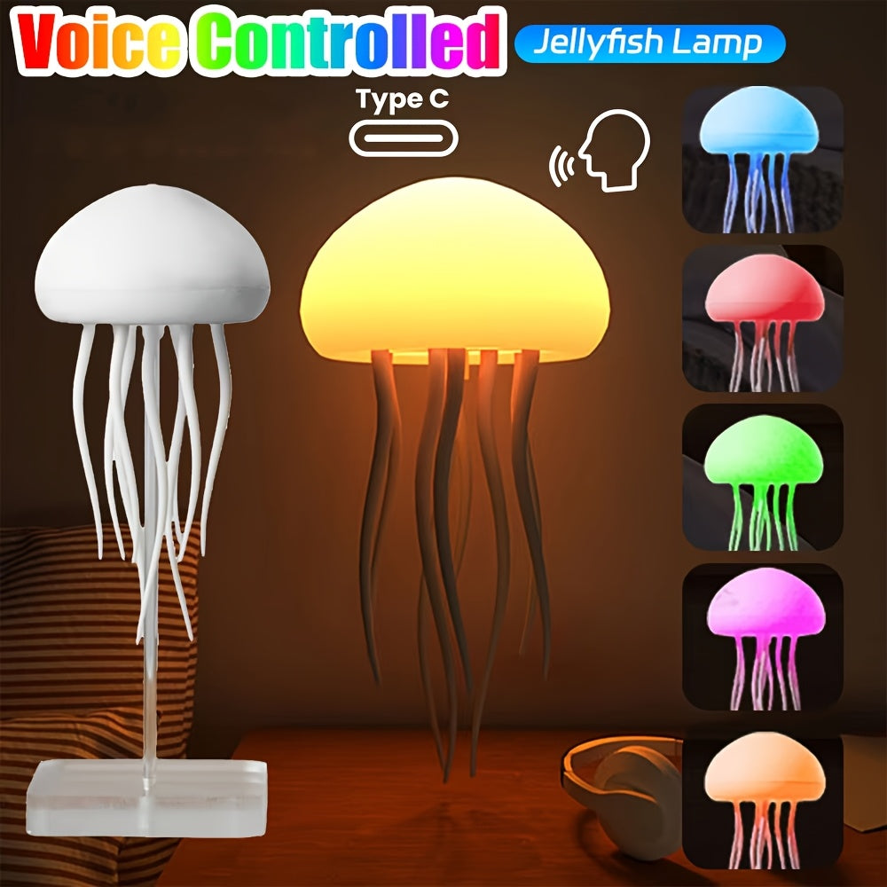 Voice-Controlled Jellyfish LED Lamp Full-Color Gradient Dimmable – 2000mAh Rechargeable Lifelike Tentacles Night Light, Freestanding or Hanging Home Decoration