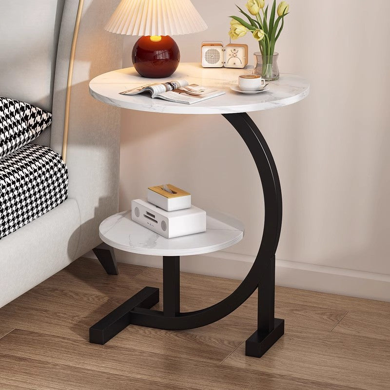 Solid Wood Round Coffee Table – Modern Double-Layer Sofa Side Table for Living Room Bedroom Balcony, Lightweight Luxury Design, White & Black