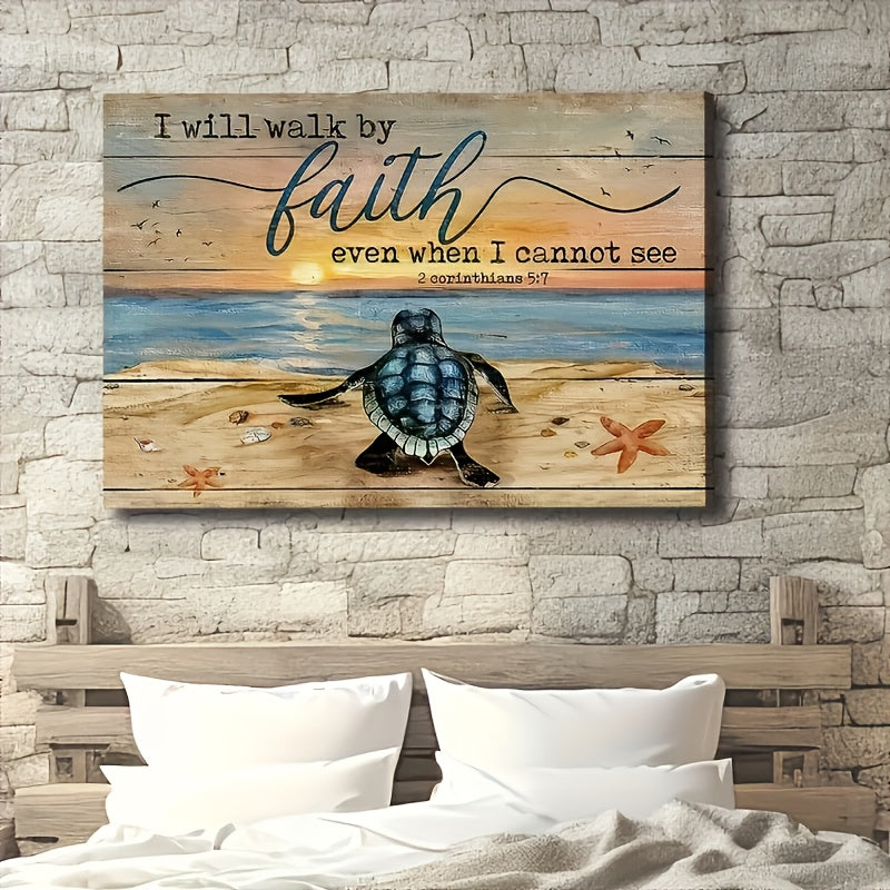 Sea Turtle Canvas Wall Art with Wood Frame – 11.8x15.7 Modern Ocean Beach Painting for Bathroom, Bedroom & Office, Minimalist Coastal Wall Decor Framed Picture