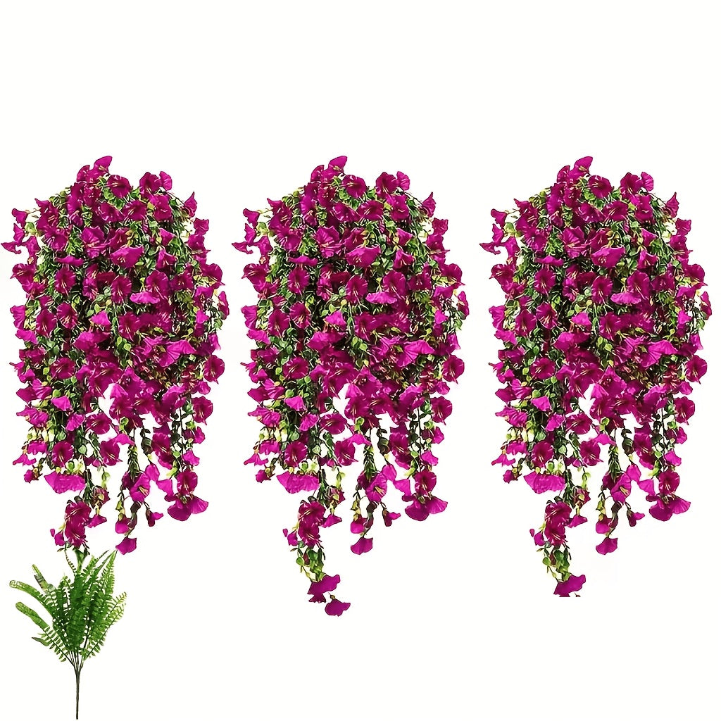Morning Glory Artificial Hanging Flowers 3pcs with Persian Grass & Eucalyptus – UV-Resistant Faux Floral Bundle in Mix & Fuchsia, Outdoor Home Office Garden Decor, Mother’s Day & Thanksgiving Gift
