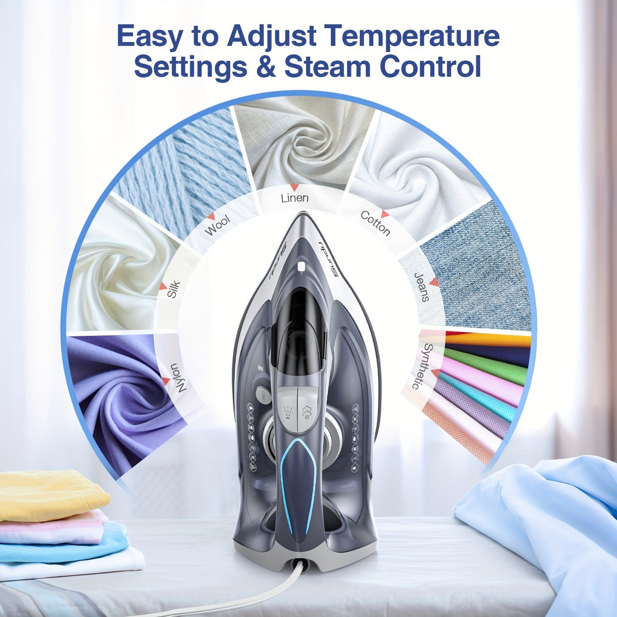 Ceramic Steam Iron 1700W Rapid Heating – Ceramic Coated Soleplate, Precise Thermostat Dial, Self-Cleaning, Auto-Off, 10.14oz Water Tank, Home Clothes Ironing, Grey