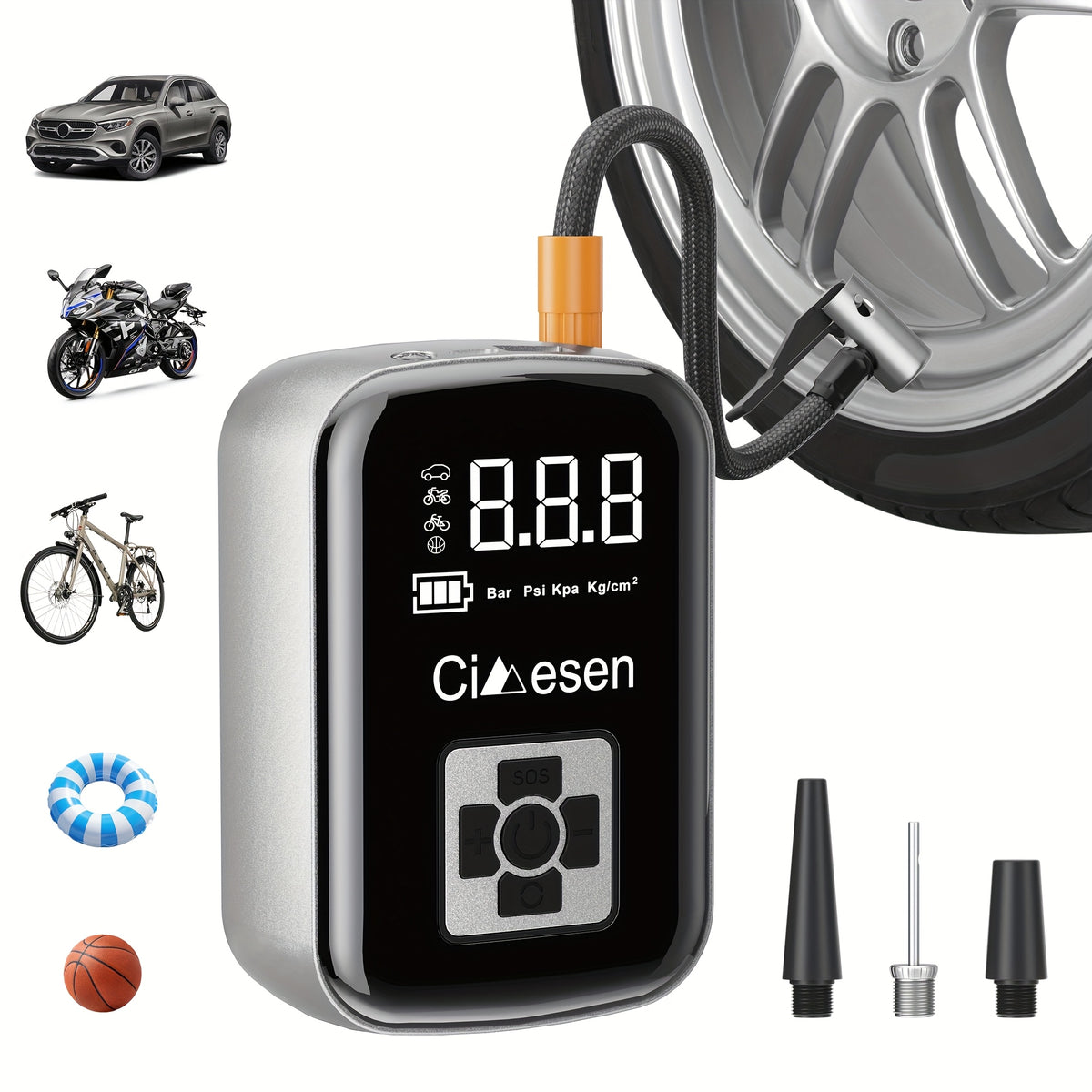 Portable Tire Inflator Cordless Air Compressor – 100W Digital Display, 4000mAh USB-C Fast Charge, 5 Modes, Multi-Nozzle, for Car Motorcycle Bicycle Tires & Sports Balls, 6 Colors
