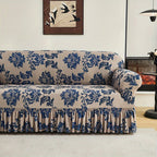 High-Stretch Print Sofa Cover with Non-Slip Fixed Rod All-Season Snug-Fit Couch Slipcover – Stable, Beautiful & Practical Furniture Protector for Living Room, Skirt Style Design