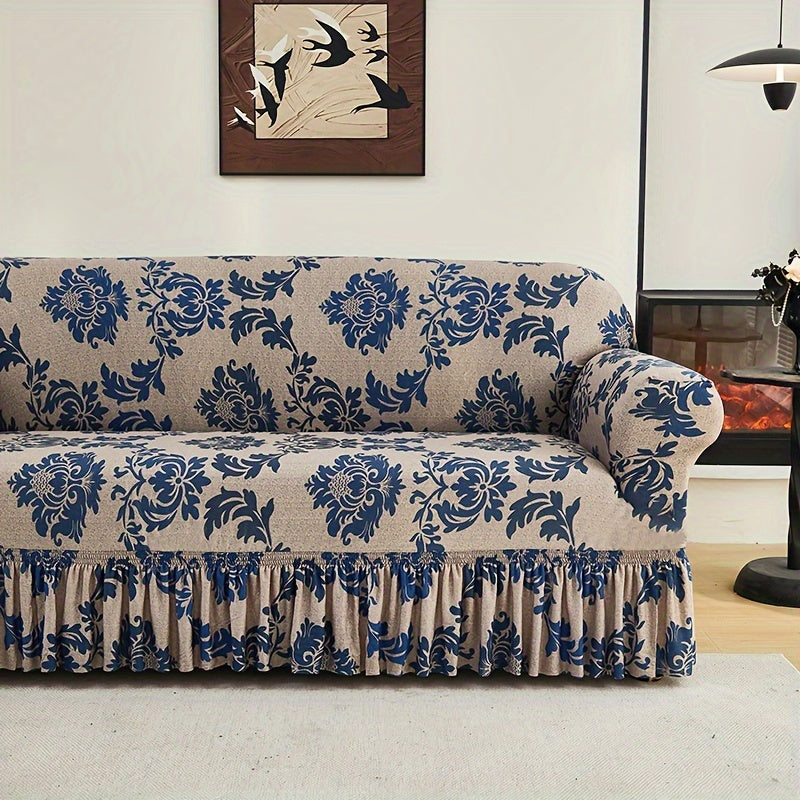 High-Stretch Print Sofa Cover with Non-Slip Fixed Rod All-Season Snug-Fit Couch Slipcover – Stable, Beautiful & Practical Furniture Protector for Living Room, Skirt Style Design