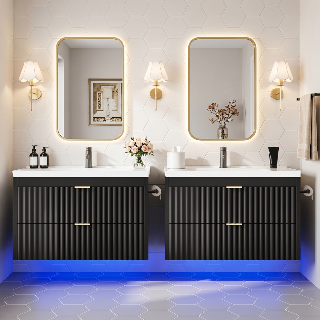 Floating Bathroom Vanity with Sink 24 Inch LED Light Wall Mounted 3-Hole Ceramic Basin Wave Line Design Soft Close Drawers for Small Spaces Black White