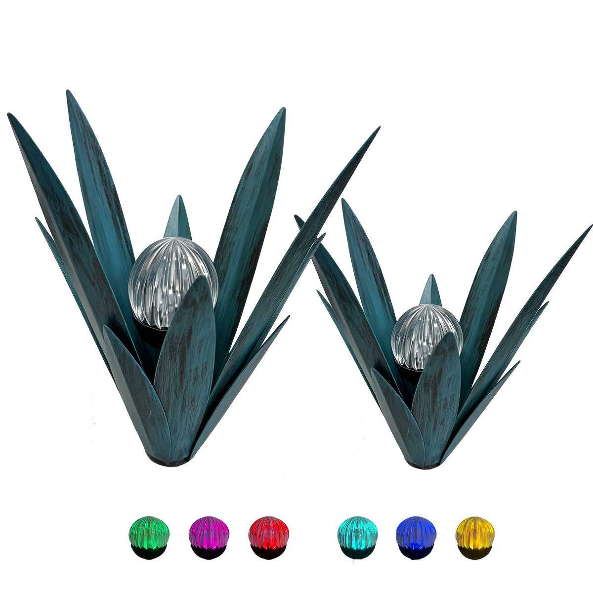 Metal Agave Solar Garden Lights Set of 2 (Large & Small) – Auto Dusk-to-Dawn Outdoor Stake Lights for Lawn, Courtyard, Garden & Patio Decor, 8 Color Options