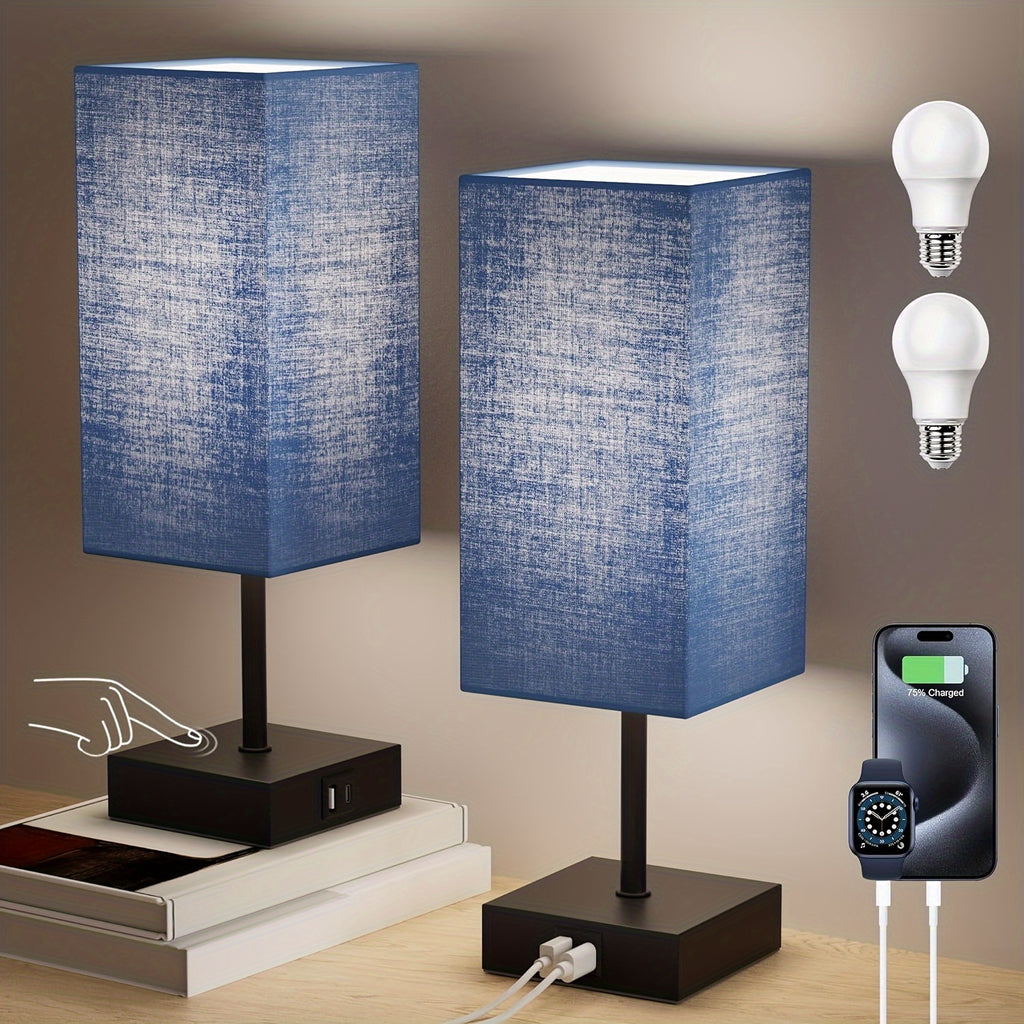 Bedside Lamps Set of 2 with 3-Way Dimmable Touch Control, USB-C & USB-A Charging Ports, LED Bulbs Included – Nightstand Lamps for Bedroom & Living Room