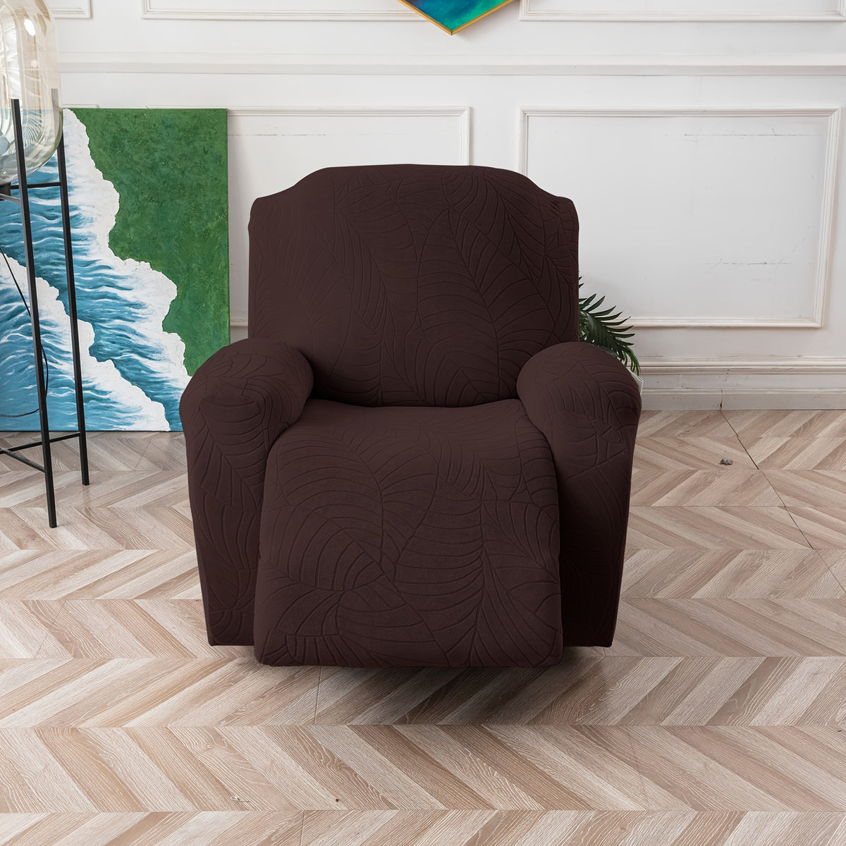 Jacquard Leaf Recliner Chair Cover 4-Piece Stretch Slipcover with Storage Pocket | Furniture Protector for Living Room Recliner, 6 Colors — Dark Gray Beige Wine Red Light Grey Chocolate Light Blue