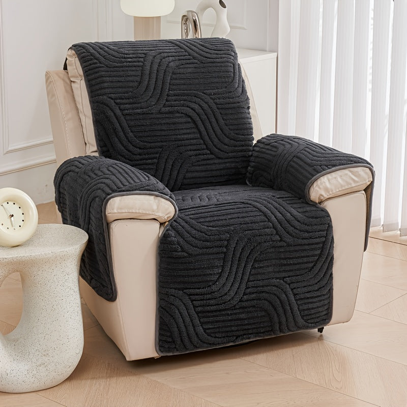Bohemian Single Sofa Cover Non-Slip Short Plush Recliner Chair Protector Pet-Friendly Machine Washable Wavy Pattern Single-Seat Couch & Chair Slipcover
