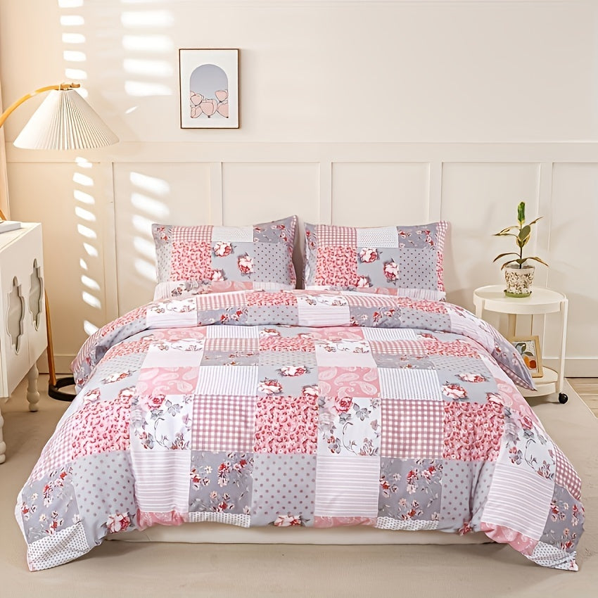 Floral Print Duvet Cover Set 3pcs – Soft Breathable Splicing Floral Light Pink, Zip Closure, Machine Washable, 1 Duvet Cover + 2 Pillowcases, Twin to King, All-Season Bedding