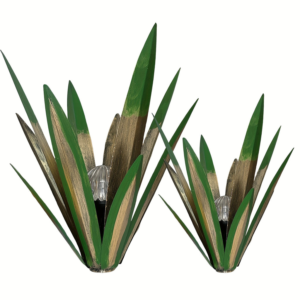 Metal Agave Solar Garden Lights Set of 2 (Large & Small) – Auto Dusk-to-Dawn Outdoor Stake Lights for Lawn, Courtyard, Garden & Patio Decor, 8 Color Options