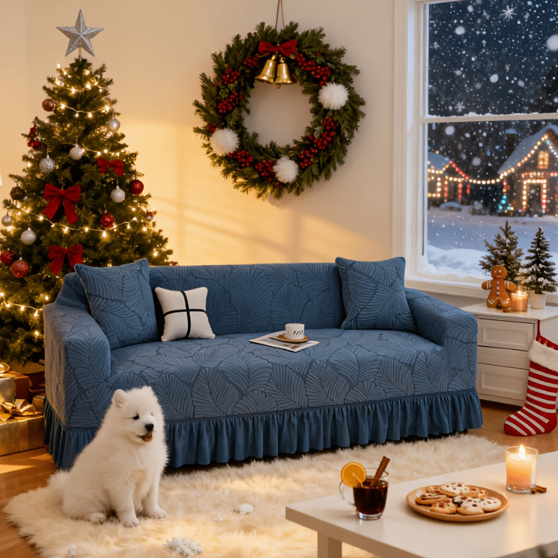 3D Jacquard Sofa Slipcover Full Cover with Elastic Skirt, Pet Proof Anti-Slip Couch Protector for 1 2 3 4 Seater Living Room Sofa, Machine Washable, Gray & Blue, 35 to 118 Inch
