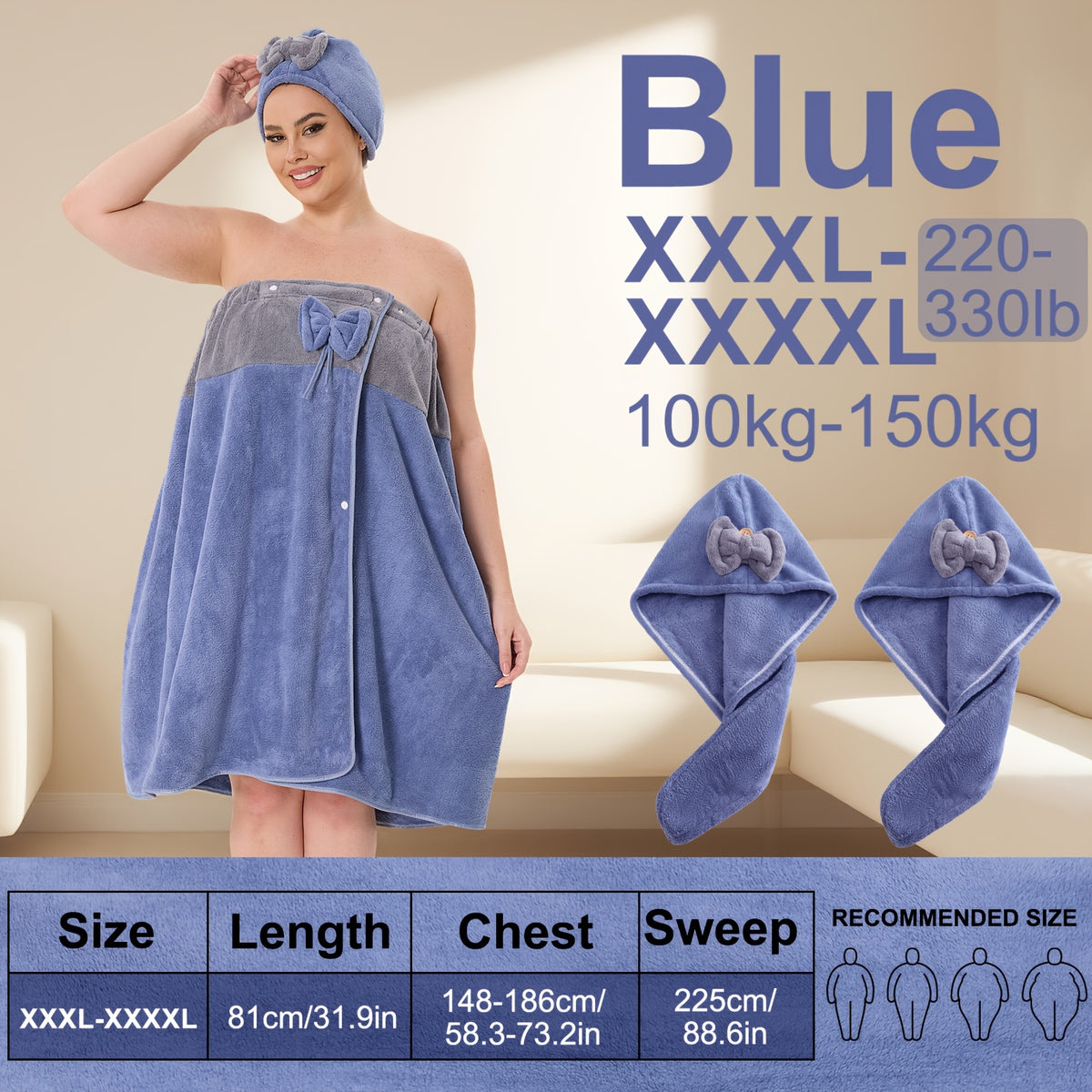 Adjustable Bath Wrap Skirt Set with Triangular Hair Drying Cap – Sizes S-XXXXL Spa Towel Wrap for Women, Home, Travel & Steam Room