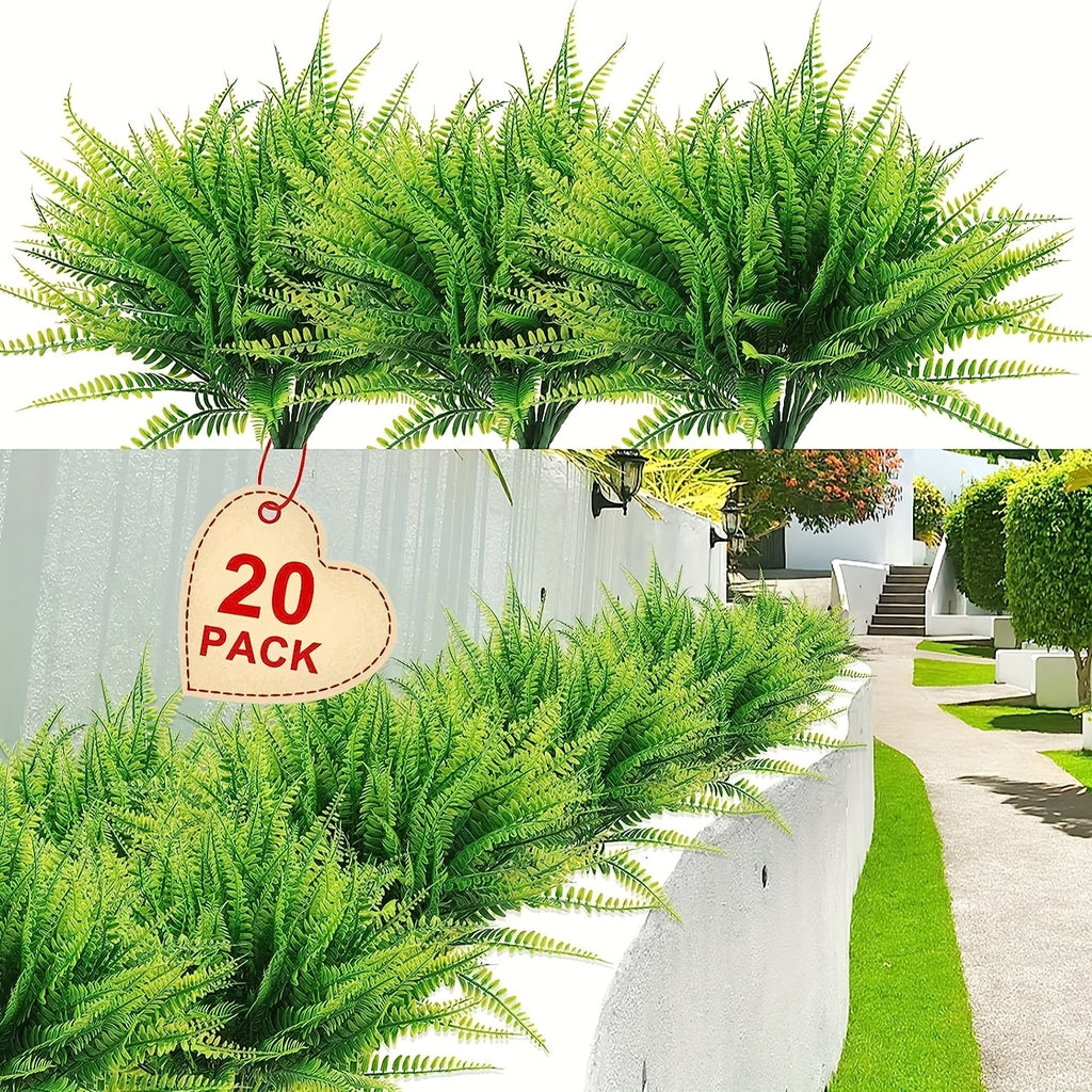 UV-Resistant Artificial Boston Ferns Bulk Set 20pcs – Faux Outdoor Fern Plants for Home, Office, Garden, Patio & Yard Decor, Realistic Lifelike Plastic Greenery