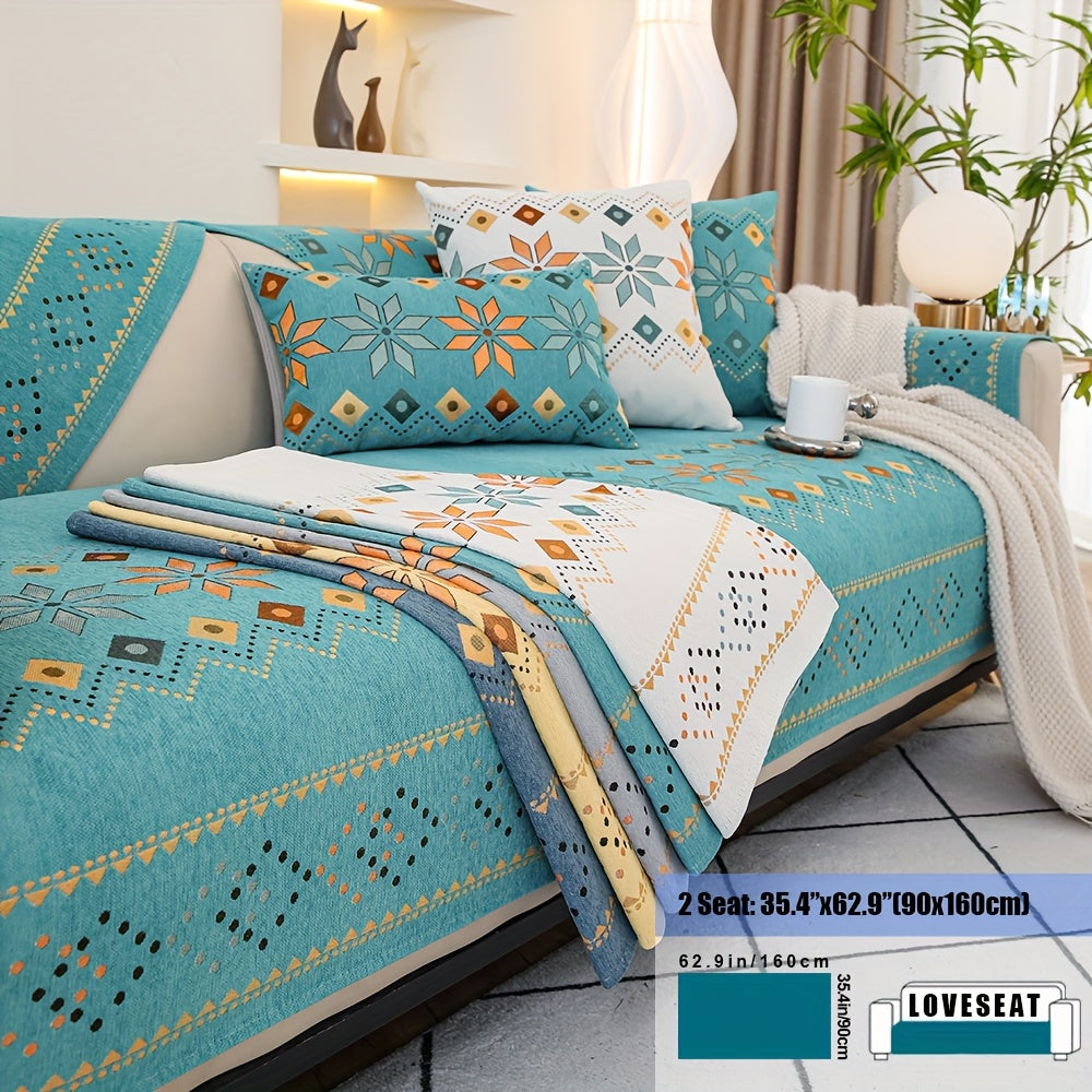 Embroidered Chenille Sofa Slipcover Bohemian Geometric Floral Pattern | Non-Slip Machine Washable Couch Cover for 1-2-3-4 Seater with Armrest & Pillow Cover Options, 6 Colors