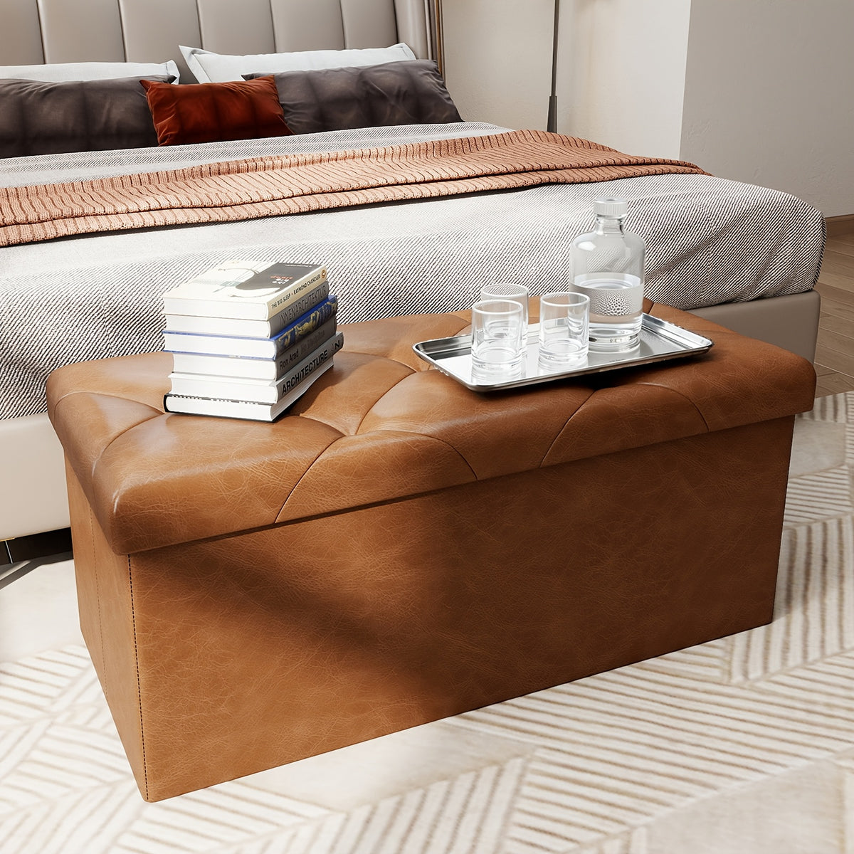 Storage Ottoman Bench with Pull-Out Drawer – 880 lbs Capacity Folding Footrest, Synthetic Leather, 30 & 43 Inch, for Living Room Bedroom Office, Grey & Brown