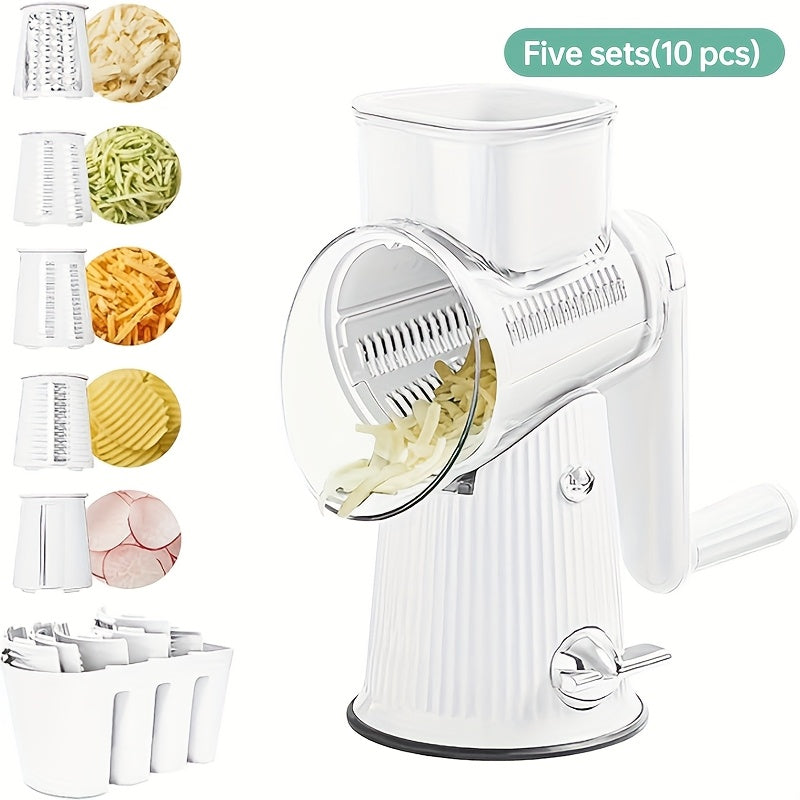 5-in-1 Rotary Cheese Grater with Interchangeable Blades, Suction Cup Base & Handle – Manual Vegetable Slicer Shredder for Cheese, Fruits, Nuts & Vegetables – Easy Clean Kitchen Tool Set