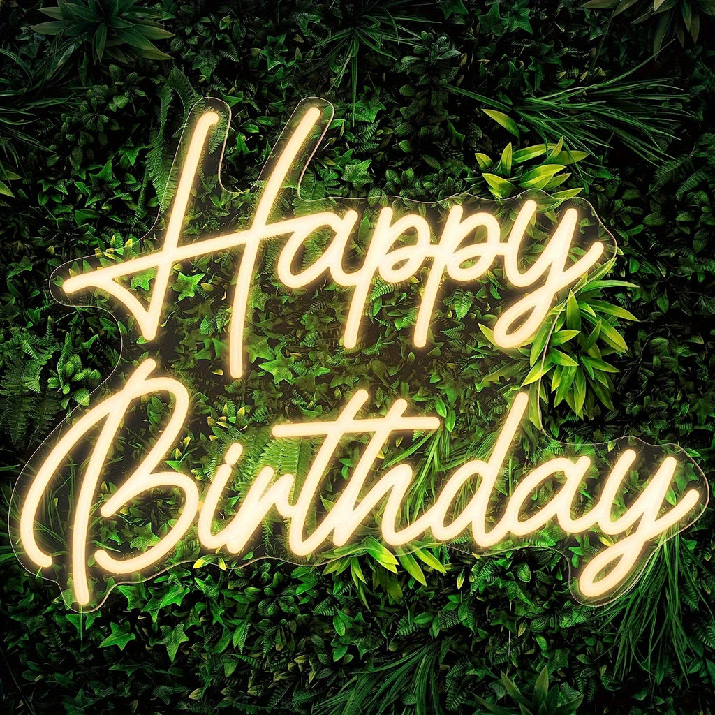 Happy Birthday Neon Sign Dimmable with Tropical Leaf Design, USB Powered LED Wall Decor, 16.5" x 12.2" – Birthday Party Decoration