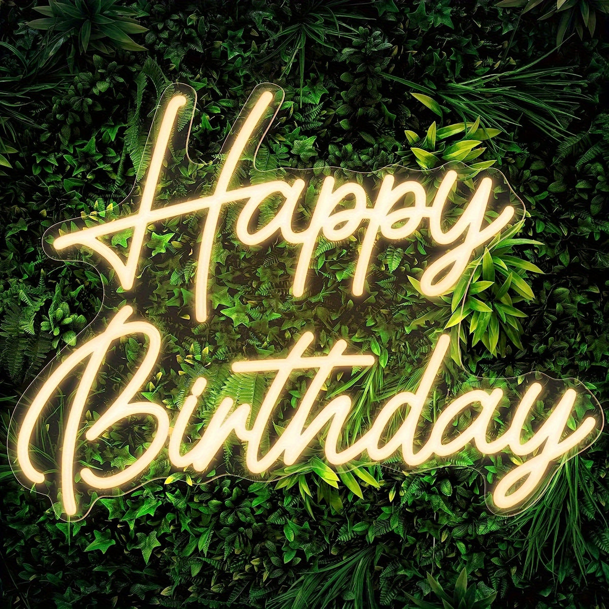 Happy Birthday Neon Sign Dimmable with Tropical Leaf Design, USB Powered LED Wall Decor, 16.5" x 12.2" – Birthday Party Decoration