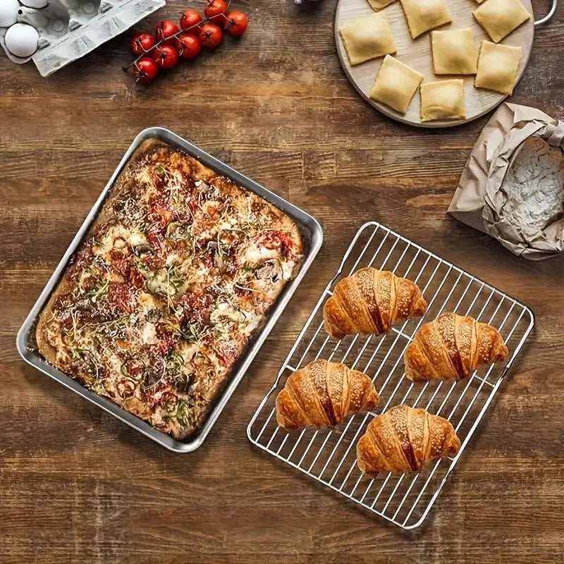 Stainless Steel Baking Tray Set with Cooling Rack & Mesh Basket - 12.5x8.6 Inch Cookie Sheet for Oven Baking, BBQ, Roasting & Vegetable Prep, Multi-Use Kitchen Set for Holiday Cooking
