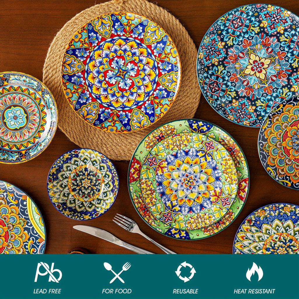 Bohemian Ceramic Dinnerware Set 16 or 24 Piece Stoneware Plates Bowls Tableware Colorful Floral Service for 4 or 6