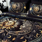 Sun Moon Planet Quilt Set 3 Piece – Golden Celestial Digital Print 180GSM Comforter with 2 Pillowcases, Soft Breathable Bedroom Dorm Decor Bedding King Size