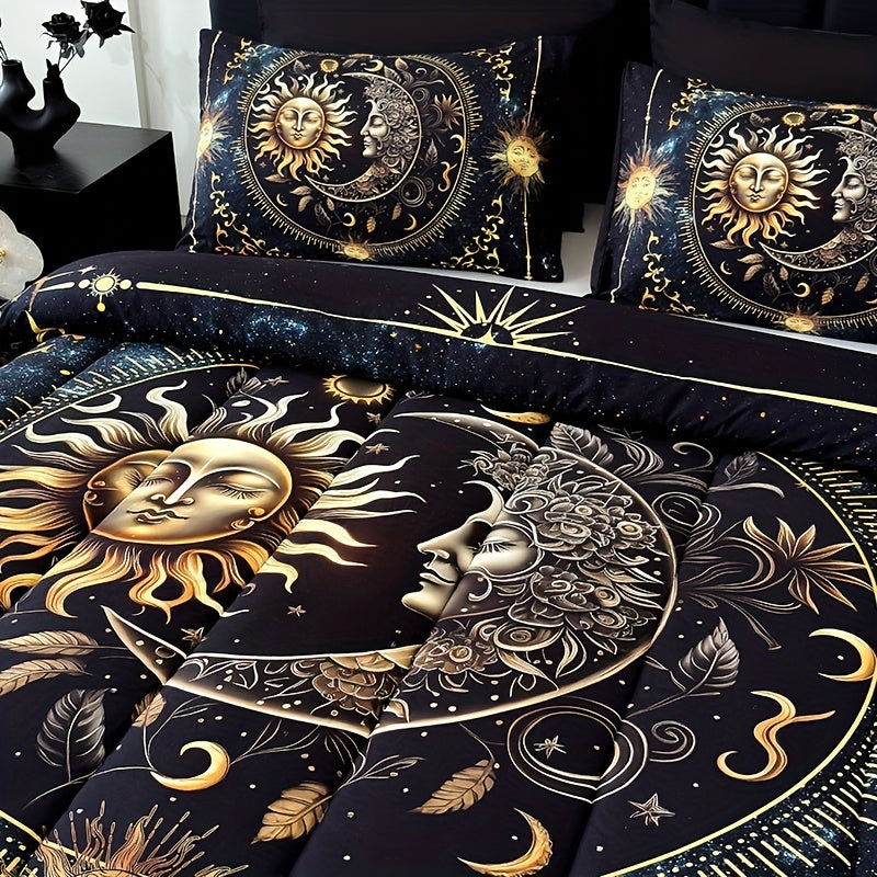 Sun Moon Planet Quilt Set 3 Piece – Golden Celestial Digital Print 180GSM Comforter with 2 Pillowcases, Soft Breathable Bedroom Dorm Decor Bedding King Size