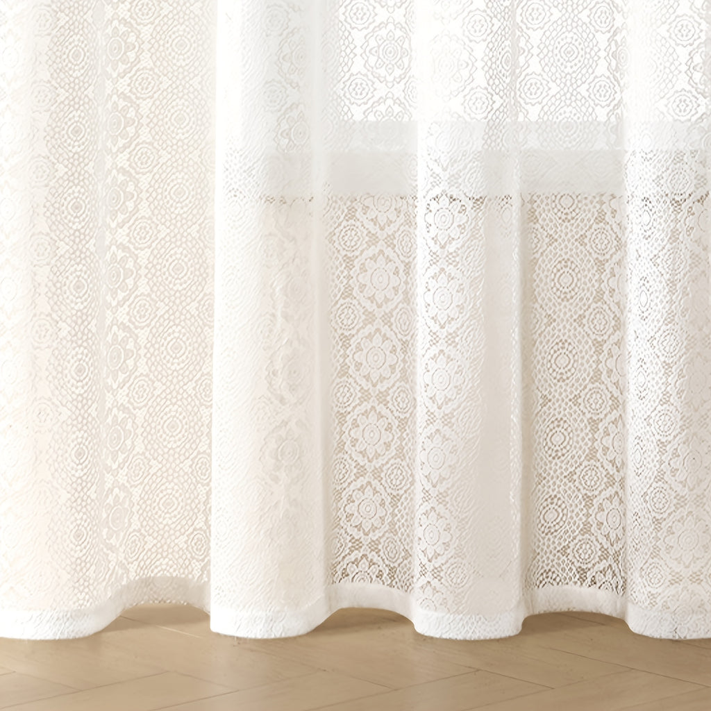 French Retro Lace Embroidered Chiffon Curtain – Romantic White Mesh Sheer Panel, Pole Pocket Top for Living Room Bedroom Partition, 4 Sizes