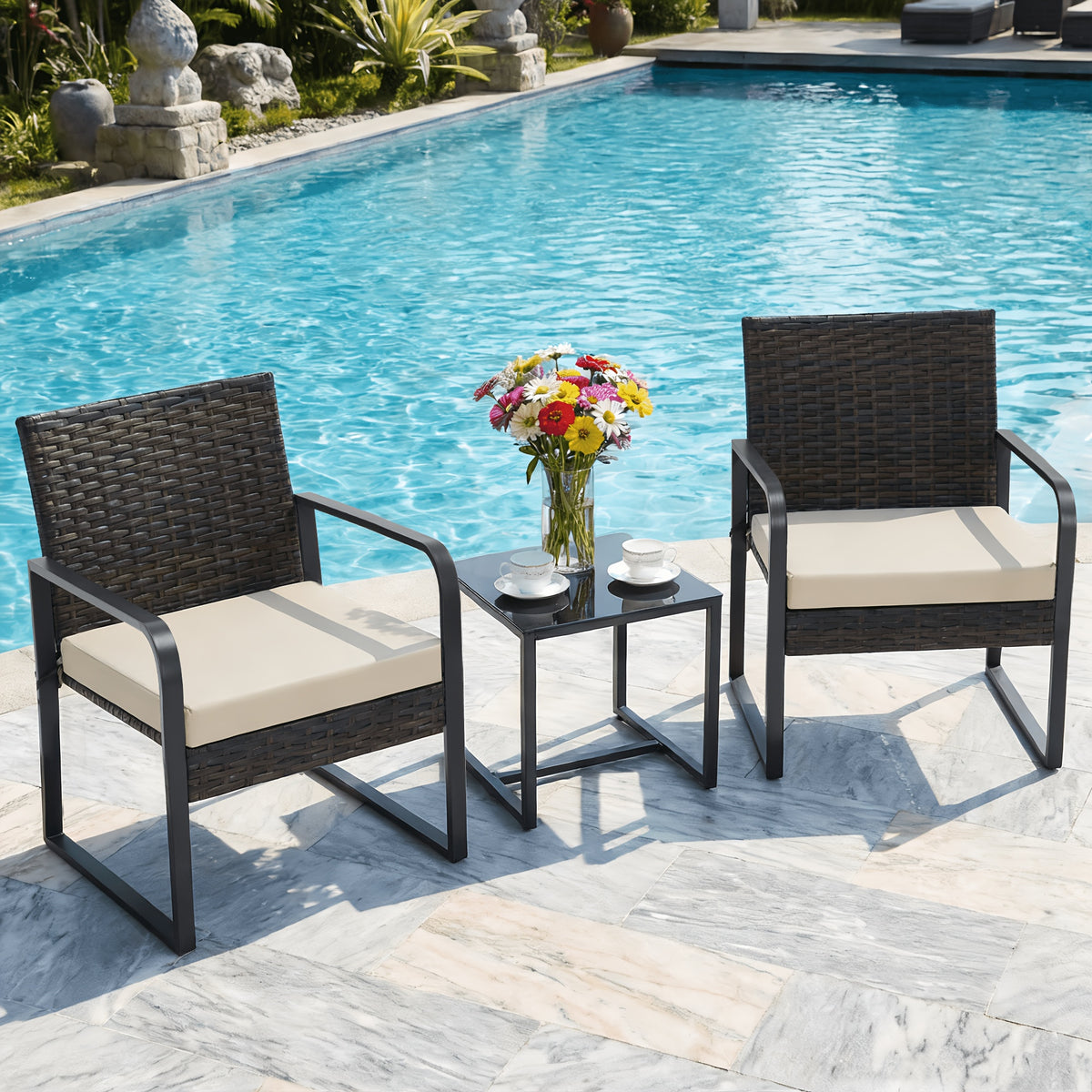 Rattan Bistro Set 3 Piece Outdoor Furniture with Coffee Table Steel Frame Cushions Garden Balcony Poolside Backyard Black Brown Gray